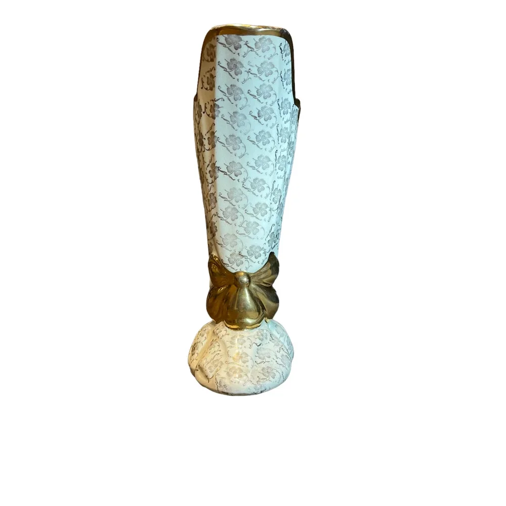 Chic Pottery Vase‎ Four Leaf Clover Gold Gilt Floral Zanesville Ohio 11.5